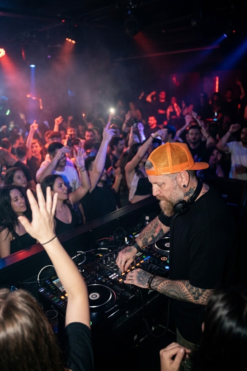 SW3NTON behind the decks at a nightclub, lit by red and blue stage lights